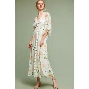 FARM Rio x Anthropologie Dahlia Sheer Floral Resort Dress White Green XS